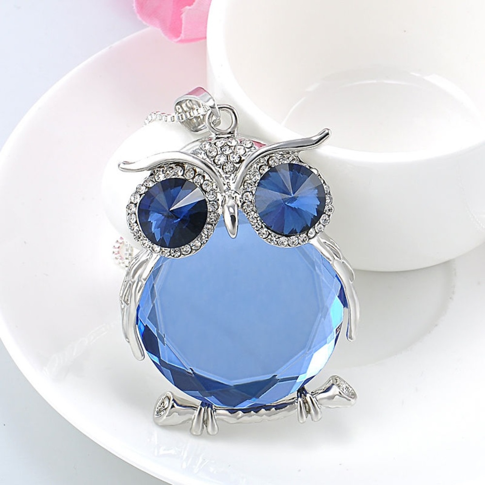Rhinestone Crystal Owl Pendant Necklace Long Chain